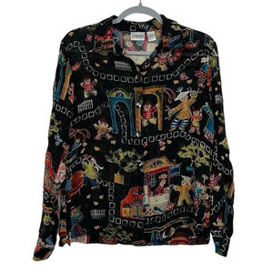 Chico’s Size 1 Semi-sheer Button Up Long Sleeve Multicolor Novelty Print Blouse